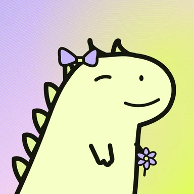 #038 · Tiny rex · Winking · Lemon & lilac · Bow & flower